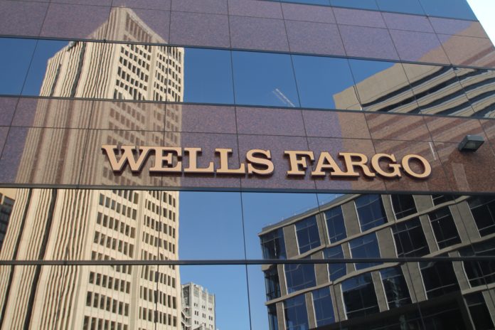 Wells Fargo Bank name on building in San Diego, California