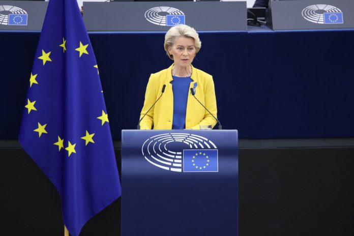 Commission President Ursula von der Leyen delivers a State of the Union address at the start of the European Parliament plenary session in September 2022