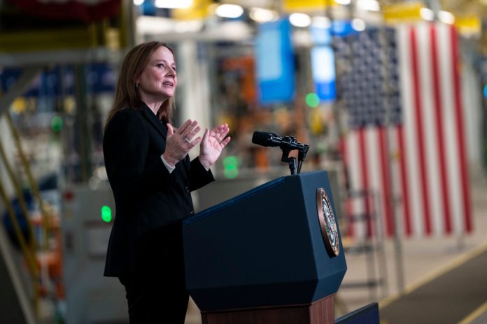 General Motors CEO Mary Barra at the grand opening of the General Motors Factory ZERO in Detroit, Michigan in 2021