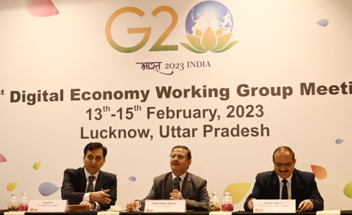 Alkesh Kumar Sharma secretary, MeitY (2nd from left) Sushil Pal Joint Secretary MeitY, (1st from left) Bhuvnesh Kumar Additional Secretary MeitY, (3rd from left) addressed the press conference after first G-20 Digital Economy Working Group meeting in February 2023