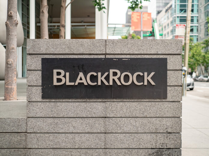 BlackRock financial services logo outside of office in San Francisco, California