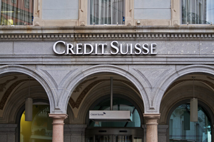 Exterior of Credit Suisse Bank building on the Piazza Riforma in Lugano.