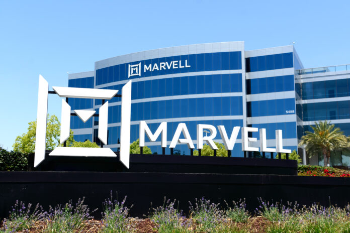 Marvell logo sign at Marvell Technology headquarters in Silicon Valley in Santa Clara, California