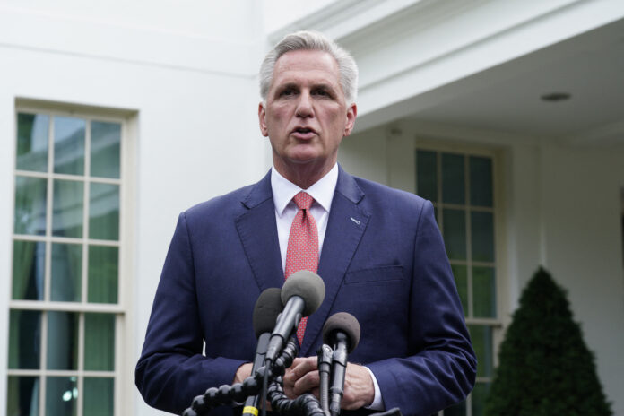 House Speaker Kevin McCarthy speaks to the media after a meeting with U.S. President Joe Biden and Congressional leaders at the White House in Washington in May 2023