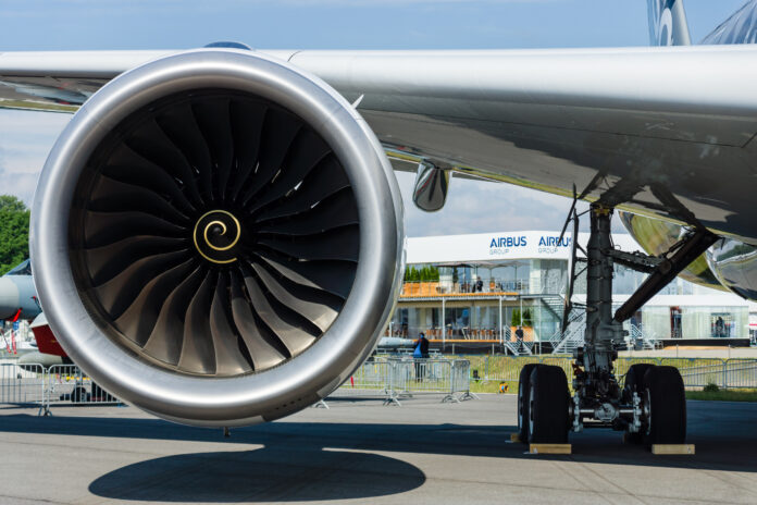 Turbofan engine of the newest airplane Airbus A350-900 XWB at the Exhibition ILA Berlin Air Show 2016