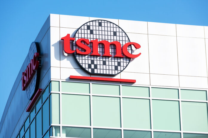 TSMC sign logo on headquarters in Silicon Valley of Taiwan Semiconductor Manufacturing Company in San Jose, California