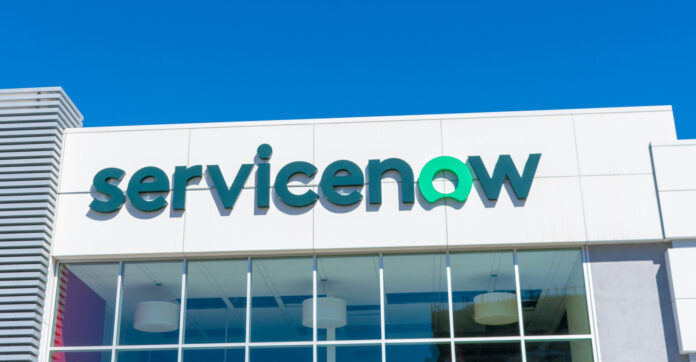 ServiceNow logo atop of American cloud computing company global headquarters campus in Silicon Valley